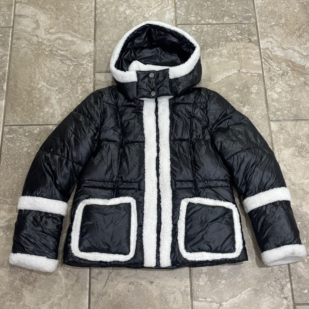 French Connection Womens Black Puffer Jacket Faux Shearling Trim Hooded Coat M